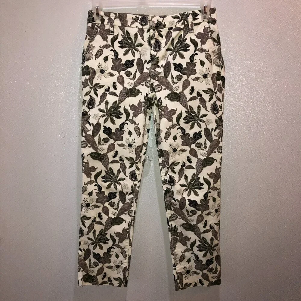 Tory Burch Size 25 White Beige Leaves Stretch Pockets Flat Front Chino Pants